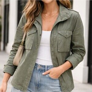 Cotton Utility Jacket Snaps Zip Pockets Army Drab Green Military Epaulets Size M